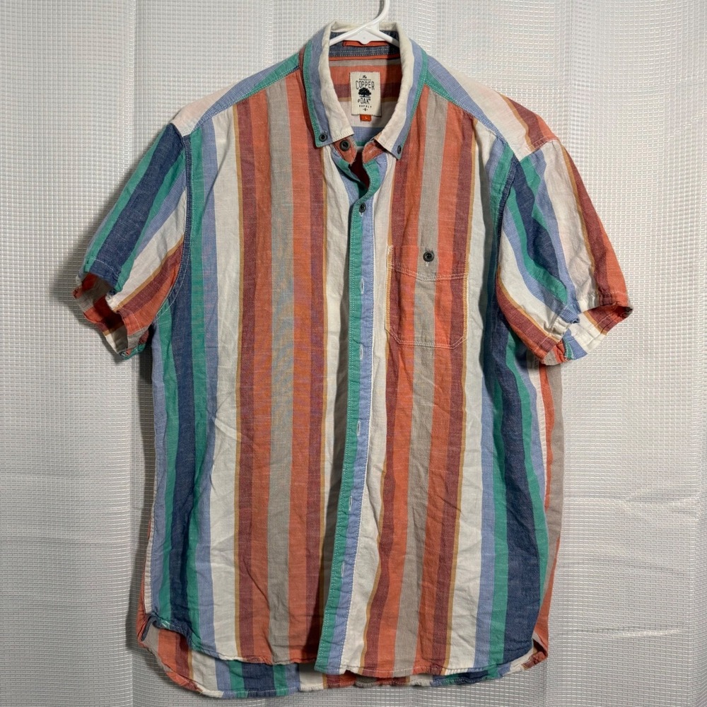 Copper & Oak‎ Button Down Shirt Large Multi-Color Vertical Stripe Short Sleeve